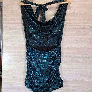 Lipstick Turquoise Sequin Dress S Ruched Bodycon Halter Animal Print Party